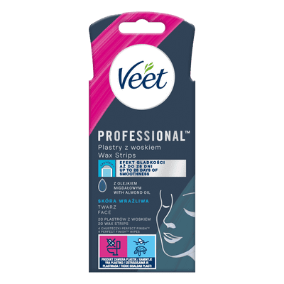 VEET PROFESSIONAL<sup>TM</sup> Plastry z woskiem do depilacji twarzy  dla skóry wrażliwej 20 szt